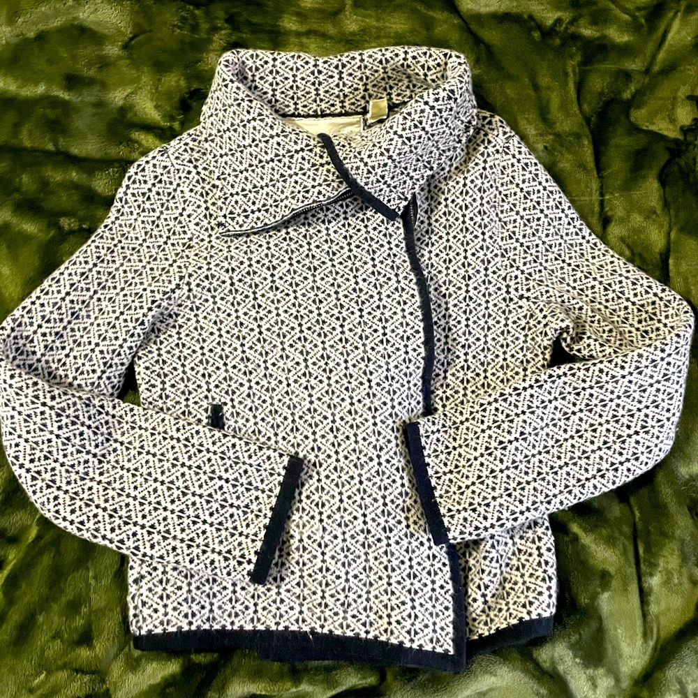 Change of the Moon Womens Sweater Moto Zip Black and White Pattern